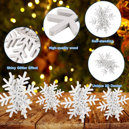 8PCS Wooden Snowflake Decorations – 3D White Glitter Tabletop Xmas Centerpieces