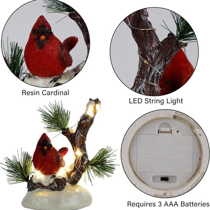 Christmas Tabletop Decor, Lighted Red Cardinal Resin Ornament with LED Lights for Holiday Table