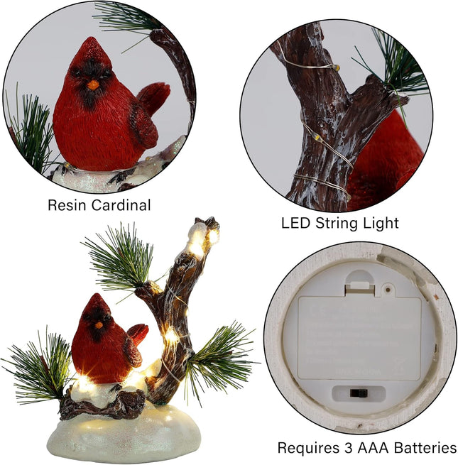 Christmas Tabletop Decor, Lighted Red Cardinal Resin Ornament with LED Lights for Holiday Table
