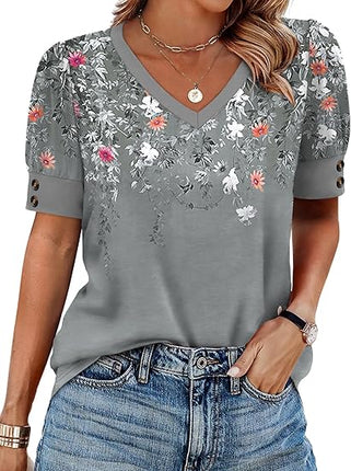 Women’s Short Sleeve Button V Neck Tops Spring Summer Dressy Casual Blouses Plus Size