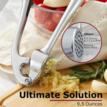 Premium Garlic Press Set – Heavy Duty Mincer with Peeler & Brush, Gloss Silver