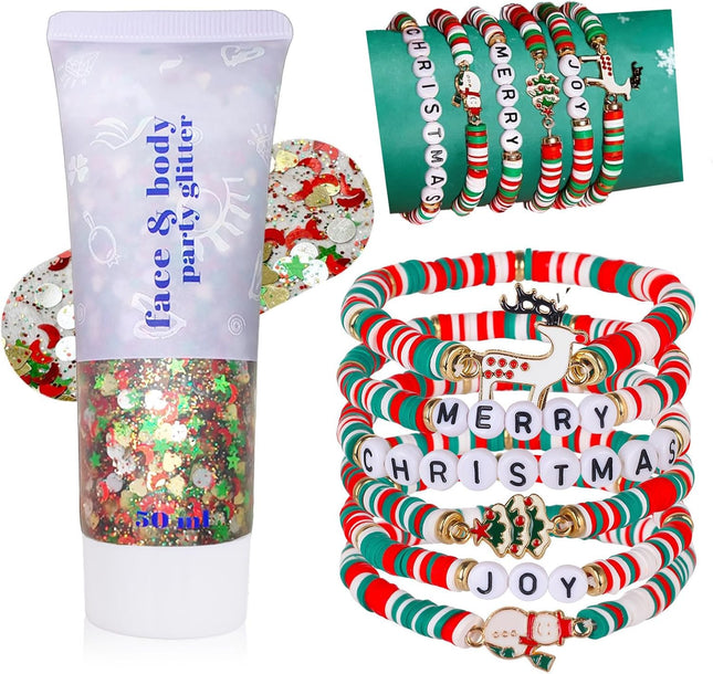 6-Pack Christmas Dresses for Women – Outfit Set with Bracelets & Glitter Gel