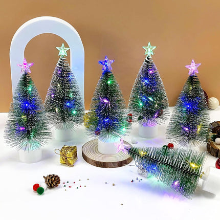 4-Piece Mini Christmas Tree Set with Lights – 7-Inch Multi-Color Artificial Tabletop Pine Trees