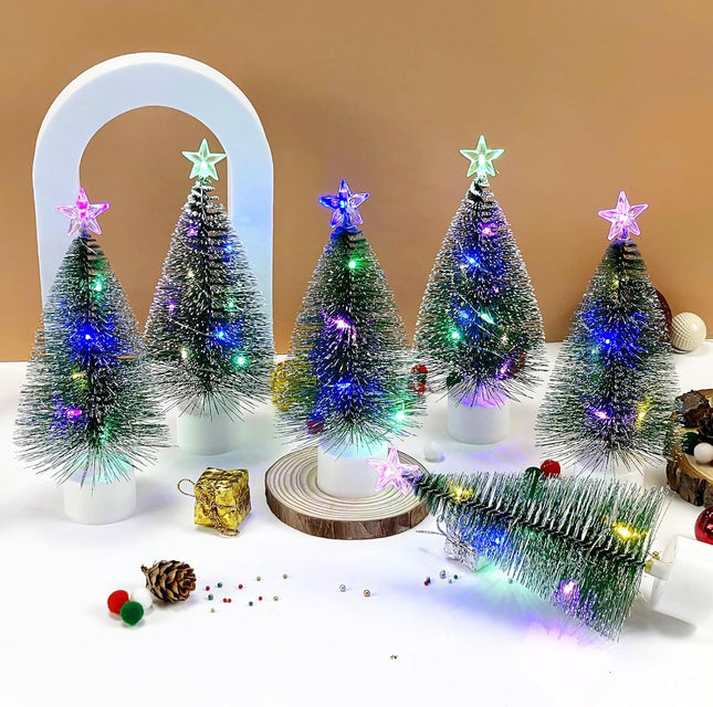 4-Piece Mini Christmas Tree Set with Lights – 7-Inch Multi-Color Artificial Tabletop Pine Trees