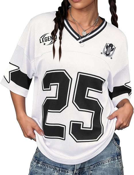 Womens Y2K Graphic Number Jersey Shirt, Oversized Mesh V-Neck Sports Streetwear Tee