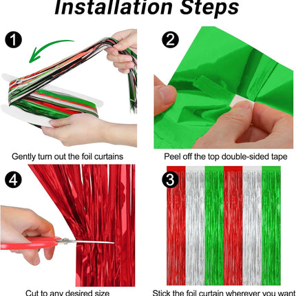 4-Piece Christmas Curtain Set, 3.28 FT x 7.05 FT Metallic Foil Red, Silver & Green Fringe