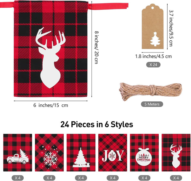 24 Pcs Buffalo Plaid Christmas Drawstring Bags – Cotton Holiday Gift Wrapping Bags