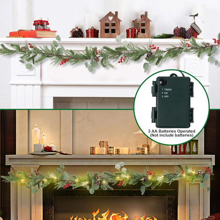 6FT Pre-Lit Christmas Garland, Green Garland with Lights & Timer for Indoor Decoration