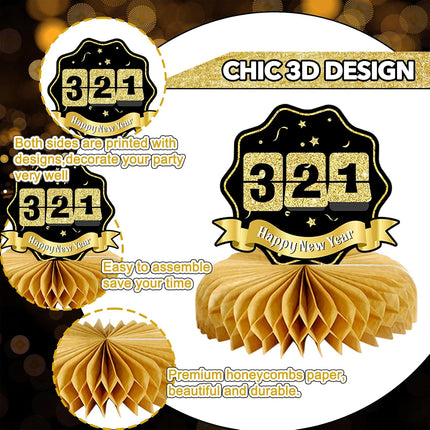 10 PCS Happy New Year 2026 Honeycomb Centerpieces Black & Gold Table Decor