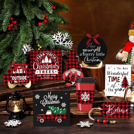 14-Pcs Christmas Tiered Tray Decor – Buffalo Plaid Snowflake Gnome Wooden Signs