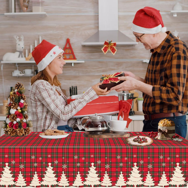 4 Pack Christmas Tablecloths – Buffalo Plaid Checkered Covers with Trees & Snowflakes