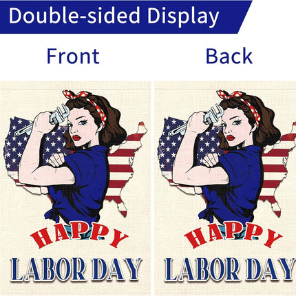 Happy Labor Day Woman Garden Flag 12x18 Double Sided Burlap USA Flag Only