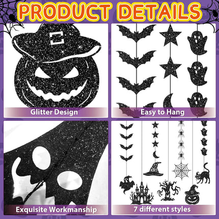 Glitter Black Halloween Garland, Witch Hat Ghost Pumpkin Bat Spider Hanging Banner
