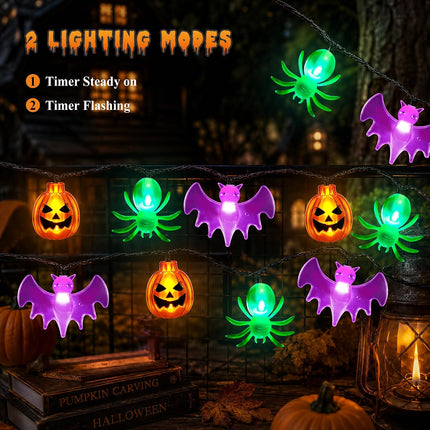 20FT Halloween String Lights, 30 LED Pumpkin Spider Bat Lights, Timer, Indoor Outdoor