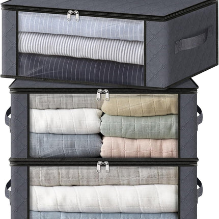 3-Pack Foldable Storage Bags – 35L Clothes Organizer with Clear Window, Gray