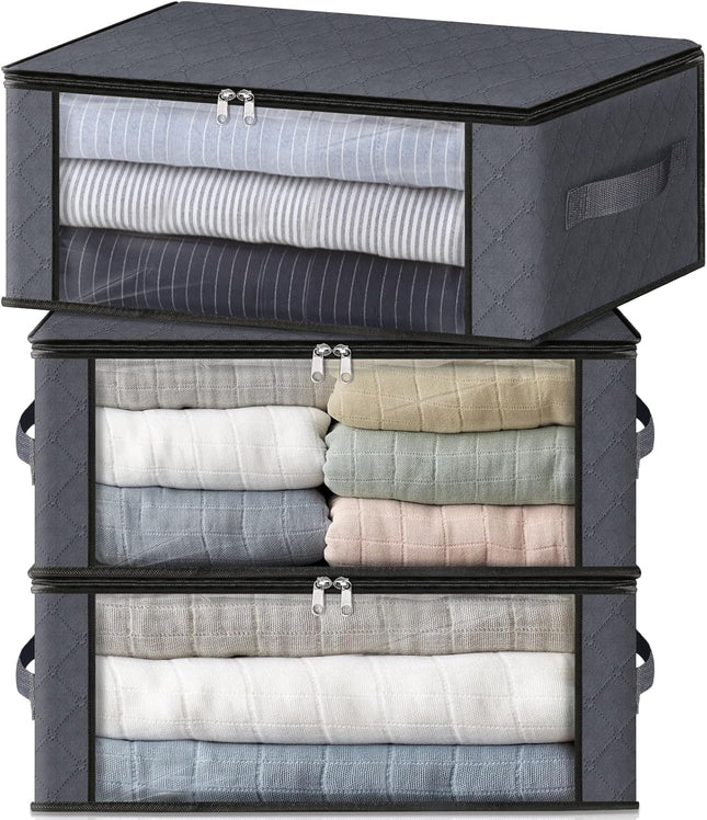 3-Pack Foldable Storage Bags – 35L Clothes Organizer with Clear Window, Gray