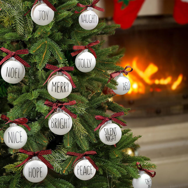 12 Shatterproof White Ornaments with Buffalo Plaid Bows – Farmhouse Xmas Tree Decor