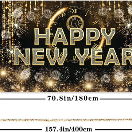Happy New Year Party Banner – Black Fabric Firework Wall Decor