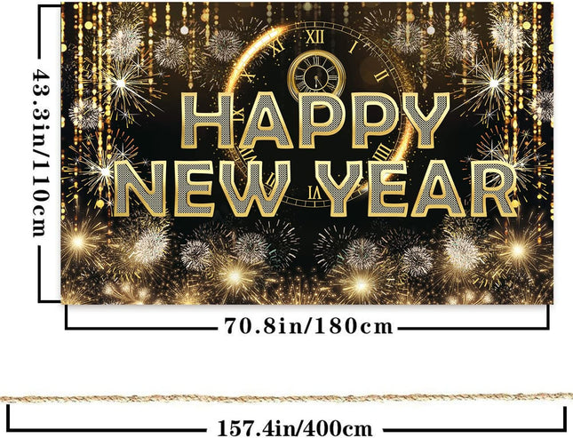 Happy New Year Party Banner – Black Fabric Firework Wall Decor