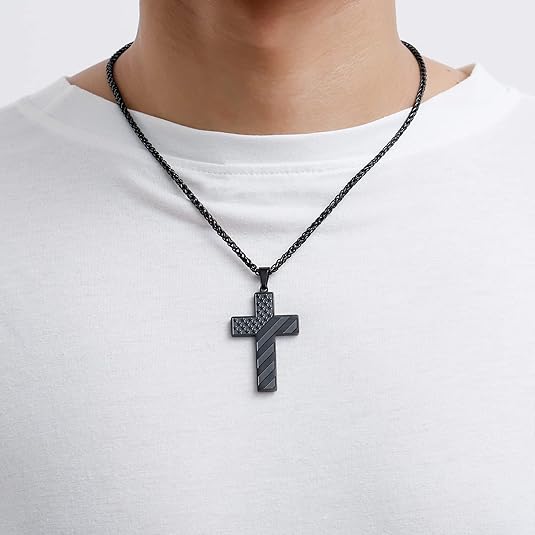 Easter Basket Stuffers – 18+2 Inch Cross Necklace with American Flag Pendant for Men