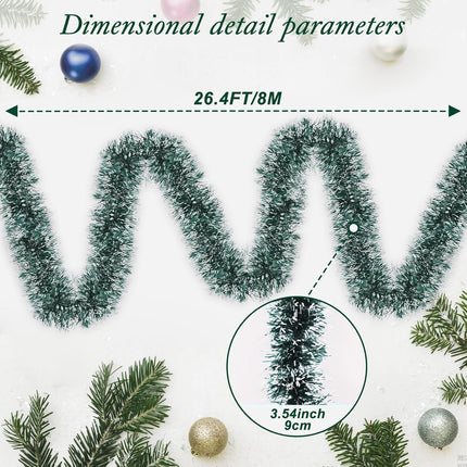 Christmas Tinsel Garland 26.4FT – Green & White Tree & Ceiling Decorations