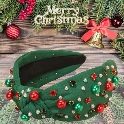 Christmas Headband Women Pearl Knotted Hairband Red & Green Rhinestone Crystal Jewels