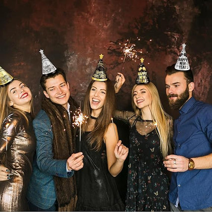 12-Piece New Year 2026 Party Hats – Black, Gold & Silver Cone Hats Set