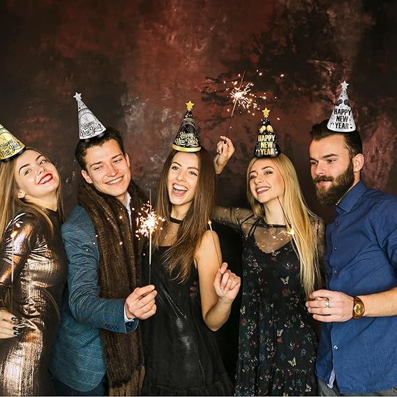 12-Piece New Year 2026 Party Hats – Black, Gold & Silver Cone Hats Set