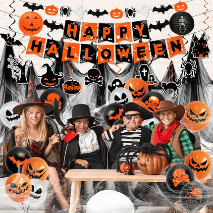 Halloween Party Decor Set, Orange & Black Hanging Swirls, Ghost Bat Banner & Balloons
