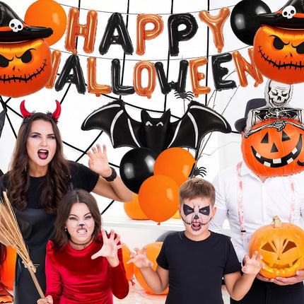 Happy Halloween Balloon Banner, Orange Black Bat & Pumpkin Balloons Party Decor