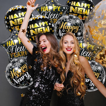 Happy New Year 2026 Balloon Kit – 9-Pc 18in Black & Gold Party Balloons