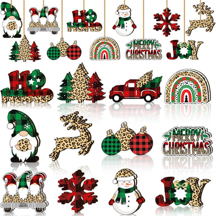 24PCS Wooden Christmas Ornaments – Snowflake, Gnome & Snowman Leopard Print Decor