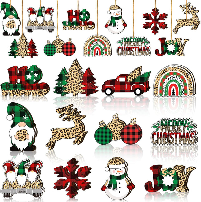 24PCS Wooden Christmas Ornaments – Snowflake, Gnome & Snowman Leopard Print Decor