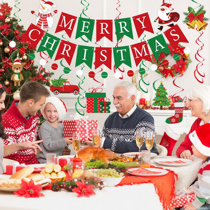 Merry Christmas Party Decorations Pre-Strung Red & Green Banner with Honeycomb Balls