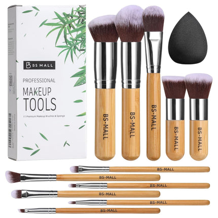 11 Piece Makeup Brush Set Bamboo Brushes & Sponge Foundation Blending