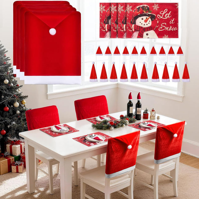 Christmas Chair Slipcovers Set with 20 Mini Santa Hats – Holiday Table Decor
