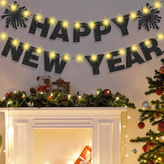 Happy New Year Party Banner – Black Glitter Light Up Decorations for NYE