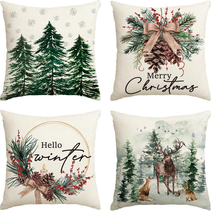 Christmas Decor Pillow Covers 18x18 – Snowflakes, Reindeer, Trees, Set of 4