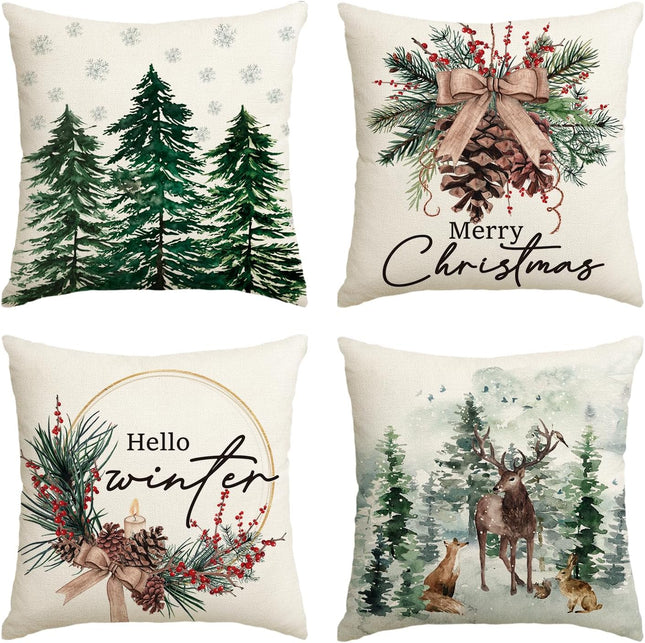 Christmas Decor Pillow Covers 18x18 – Snowflakes, Reindeer, Trees, Set of 4