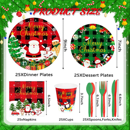 175PCS Christmas Party Supplies – Disposable Plates, Napkins, Cups & Cutlery Set