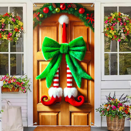Christmas Door Cover 71x35" – Elf Legs Hanging Banner for Festive Front Door Decor