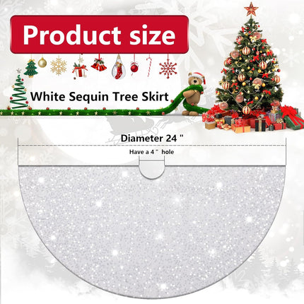 24" White Velvet Mini Tree Skirt – Glitter Sequin Small Tabletop Christmas Decor