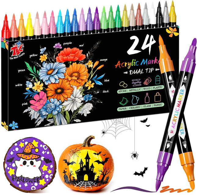 24 Colors Dual Tip Acrylic Paint Markers, Waterproof Fine and Bullet Tip Pens for Art