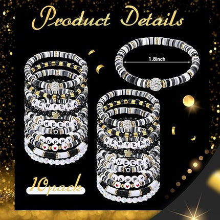 10 PCS Happy New Year Beaded Stretch Bracelets Bulk Friendship Jewelry