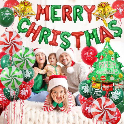 Merry Christmas Banner Balloons – Tree, Candy & Bell Balloons for Indoor/Outdoor