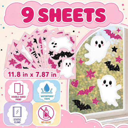 9-Sheet Pink Halloween Window Clings, Cute Ghost Pastel Glass Decals for Kids