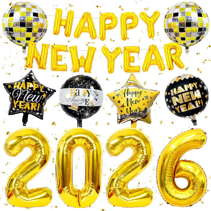 New Year 2026 Balloon Set – Gold Foil & Disco Ball NYE Party Supplies