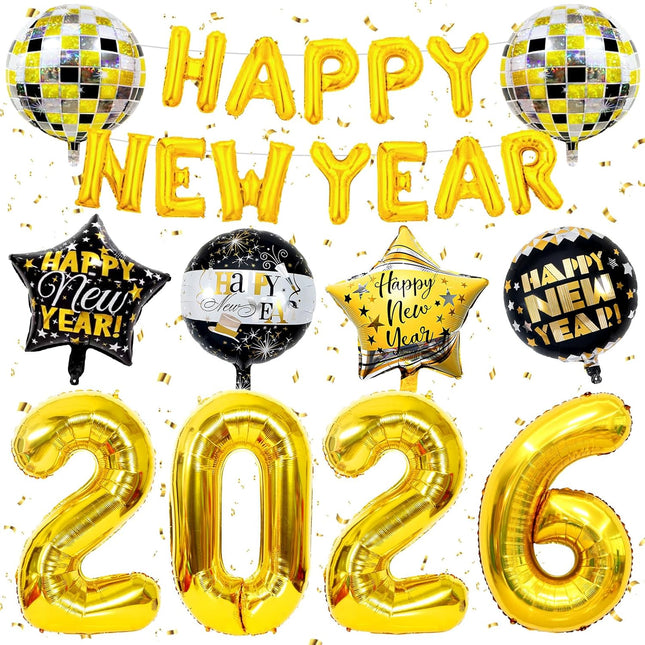 New Year 2026 Balloon Set – Gold Foil & Disco Ball NYE Party Supplies