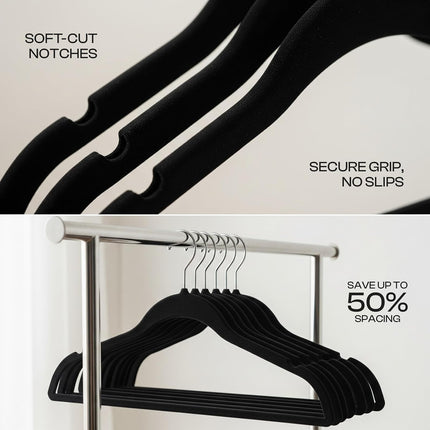 50-Pack Velvet Hangers – Non-Slip Slim Clothes Hangers with Pants Bar, Black