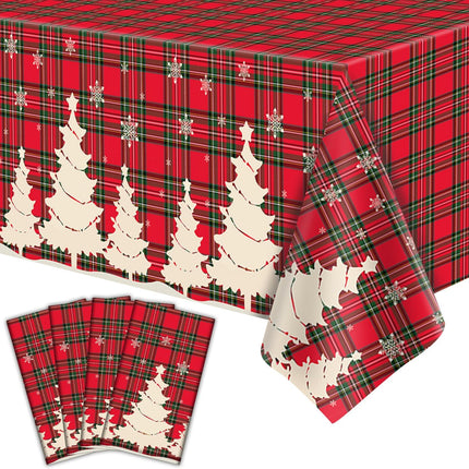 4 Pack Christmas Tablecloths – Buffalo Plaid Checkered Covers with Trees & Snowflakes